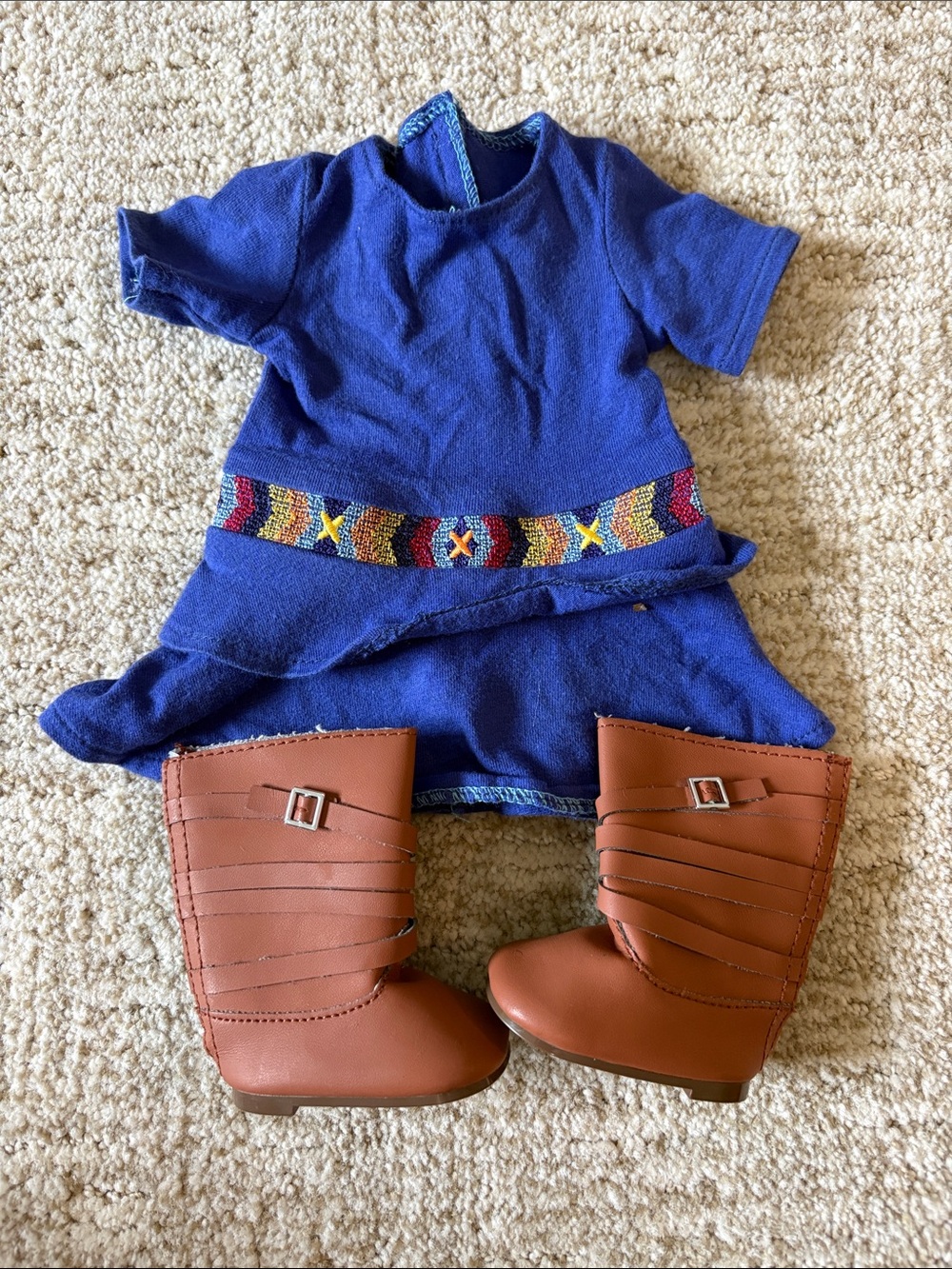 Retired American Girl  Dress with Multicolor Trim and Brown Boots